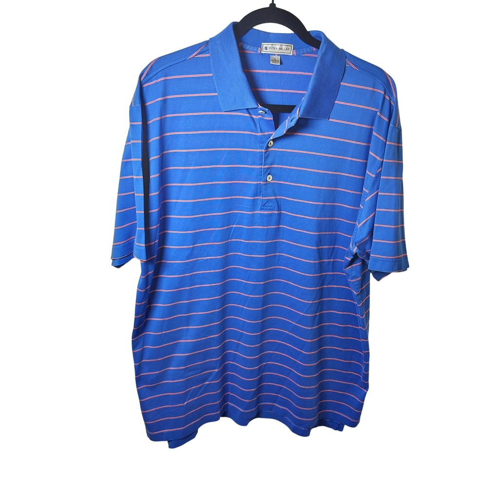 Peter Millar Mens‎ Large Blue Orange Striped Short Sleeve Cotton Polo Shirt
